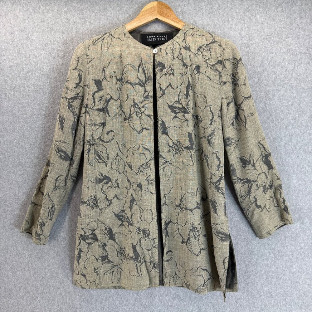 Linda Allard Ellen Tracy Womens Floral Gray Taupe Blazer Topper Vintage XS (?)‎